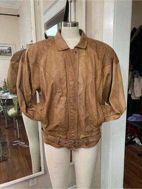Ada Tan Leather Bomber Jacket with Belted Waist